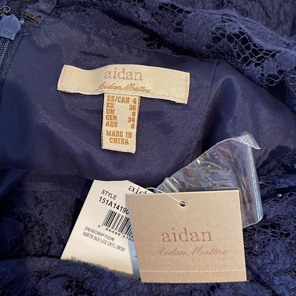 Aidan Aidan Mattox 3/4 Sleeve Lace Cocktail Dress Navy Blue Size 4 NWT - Picture 11 of 14
